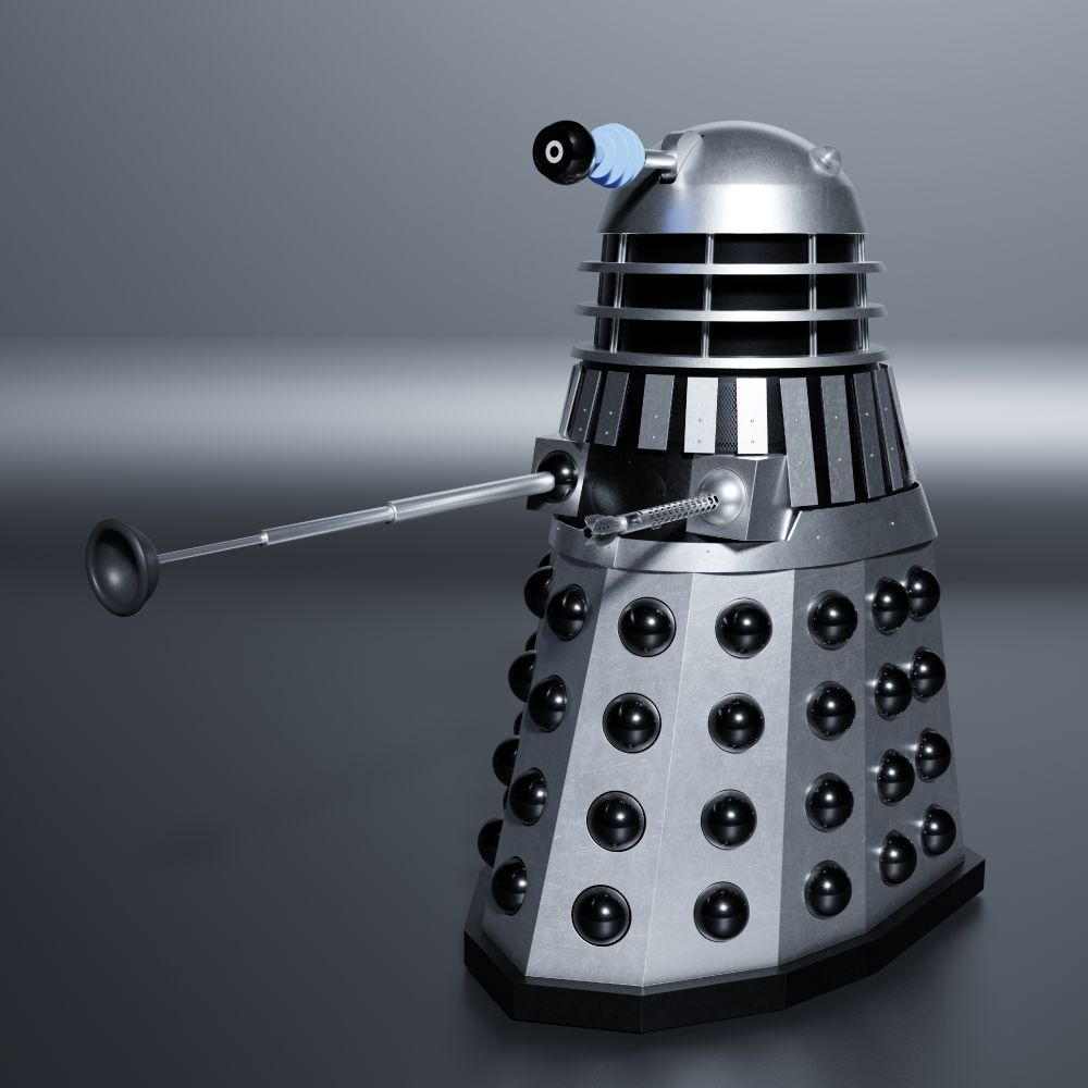 3D Render of a classic-era Dalek from Doctor Who. It is silver and black, with clear domelights and blue eye rings. The classic Dalek gun has been replaced by the projectile weapon that only appeared in three episodes in 1974.