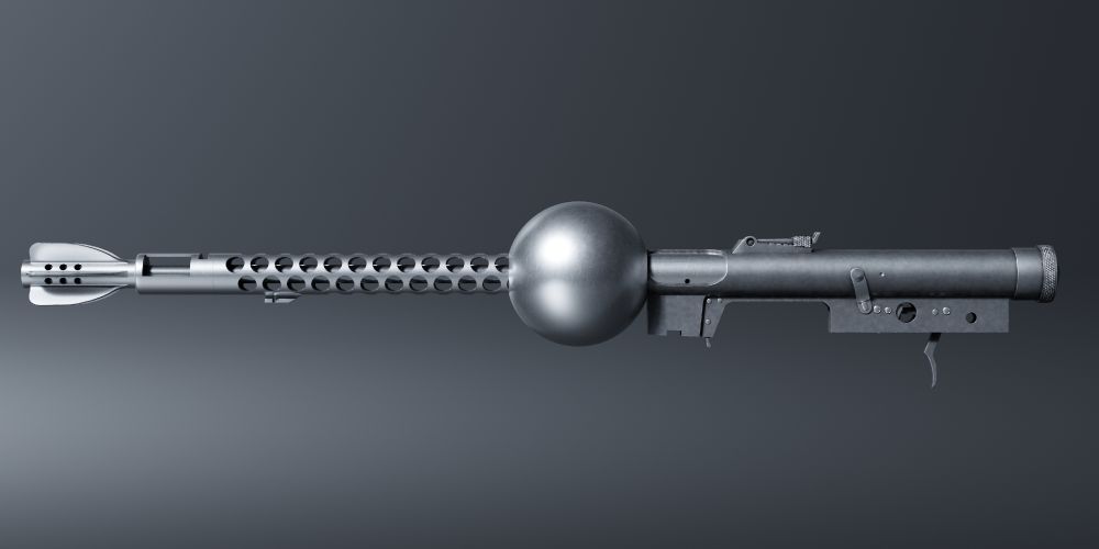 3D render of the Dalek projectile weapon without the surrounding Dalek case, side view. The rear of the weapon is visible, made from a Beretta Model 38A Submachine Gun receiver (stripped of its furniture, magazine, and trigger guard).
