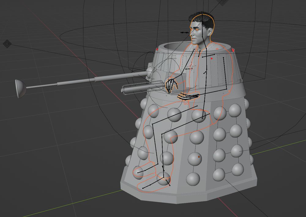 Screen capture from Blender (3D modelling/rendering software) showing a human figure sitting inside a Dalek casing, sans neck & head sections. The figure's head is where the Dalek's neck would be - which is ideal because Dalek Operators viewed the world through a wire mesh surrounding the neck section.
