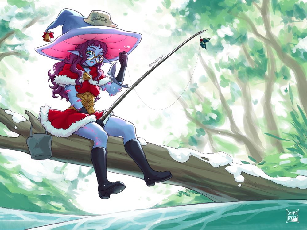 Leiishroom dressed in a red Christmas themed garb. She is sitting on a lot over a river, with a fishing pole in one hand, and a freshly caught fish in the other