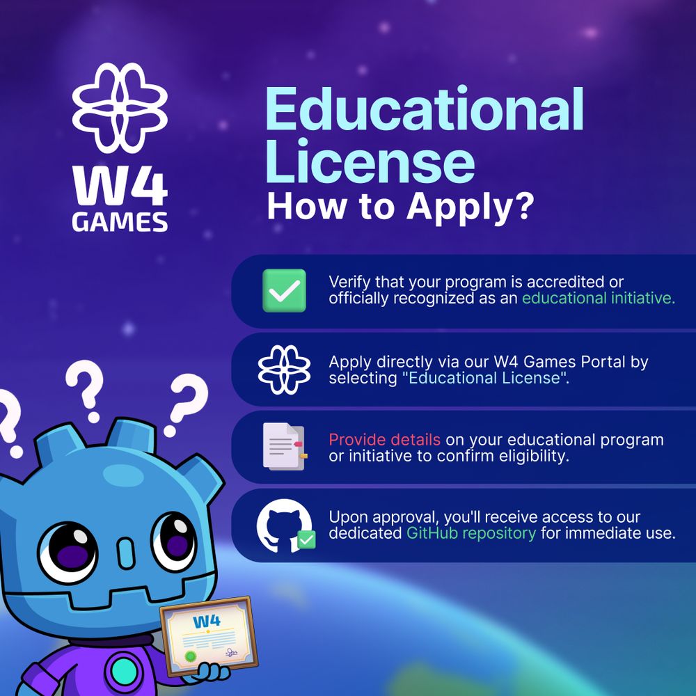 Verify that your program is accredited or officially recognized as an educational initiative.

Apply directly via our W4 Games Portal by selecting "Educational License".

Provide details on your educational program or initiative to confirm eligibility.

Upon approval, you'll receive access to our dedicated GitHub repository for immediate use.