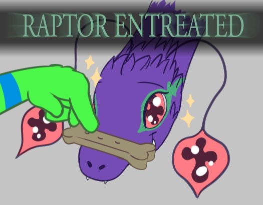 Lokiiri getting a bone shaped treat placed on their snoot looking happy and sparkly eyed with a Dark Souls text saying "RAPTOR ENTREATED" displayed above.