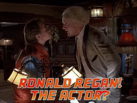 The scene from Back to the Future where Doc is going "Ronald Reagan! The actor?!"