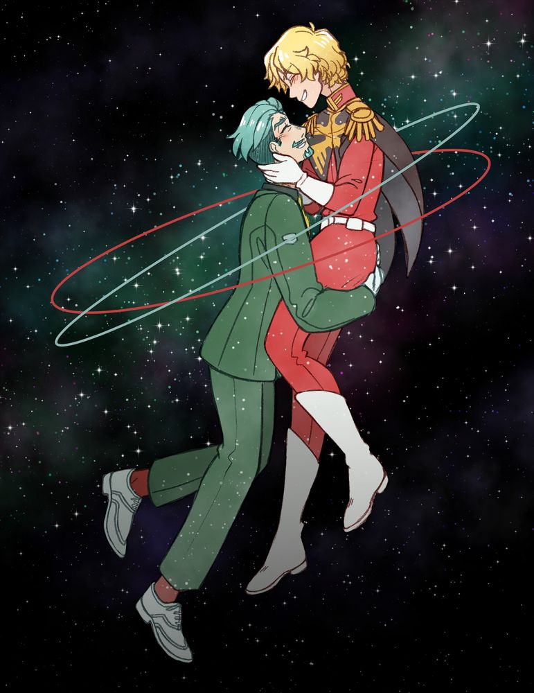 drawing of char aznable (classic design) and challia bull (0085 design) from gundam gquuuuuux. they are floating in space. char is gently cradling challia's head in his hands and grinning broadly at him. challia is also smiling happily; he has his arms around char's legs in such a way as to gently cradle char's ass. also, i changed his socks from black to red. surrounding them are little orbital paths in red and green