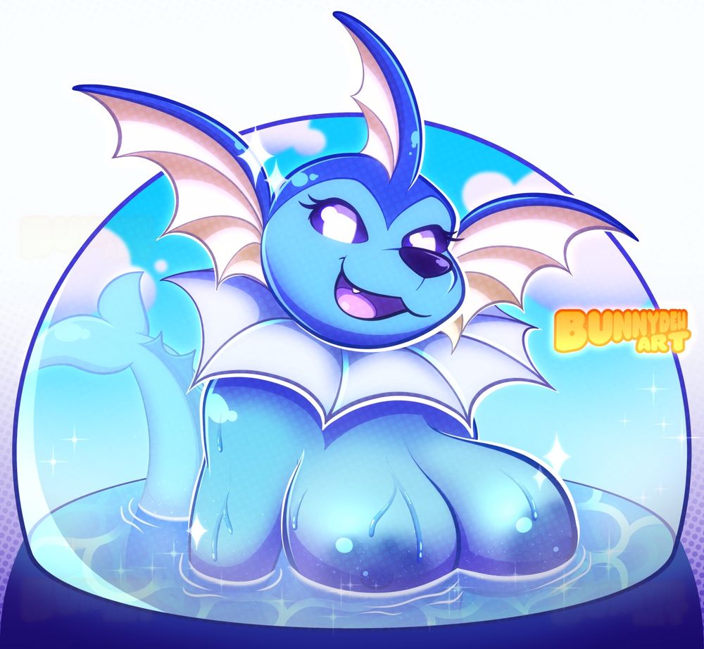 A coloured digital art of a naked Vaporeon with huge boobs and large dark blue areolas, resting in the water while smiling at the viewer.