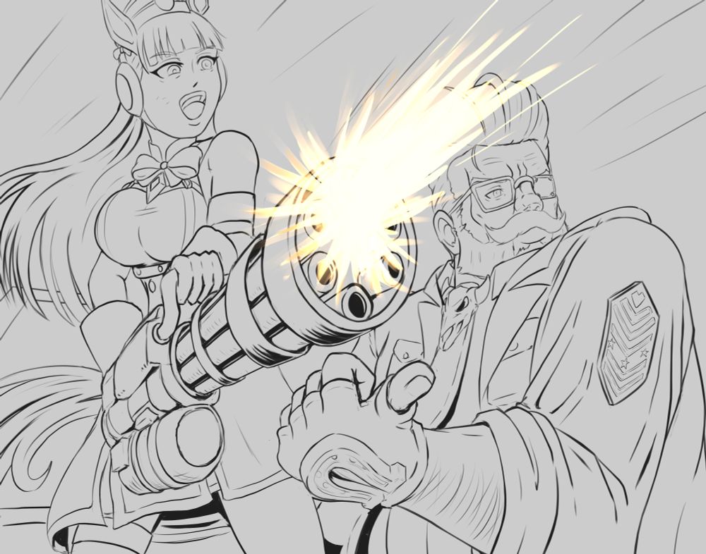 Work in progress line art of Gold Ship from Umamusume standing next to Goldlewis Dickinson from Guilty Gear Strive. Goldlewis is pointing his thumb offscreen while Gold Ship fires a chain gun in the pointed direction