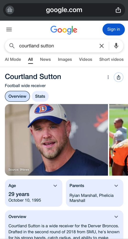A Google search for Denver Broncos receiver Courtland Sutton shows a picture of Broncos right tackle Mike McGlinchey. 