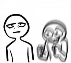 Two cartoon meme people drawn in black ink against a white background. One looks tired, exhausted. The other is blurry from vibrating, with balled fists and a wide grin suggesting excitement.
