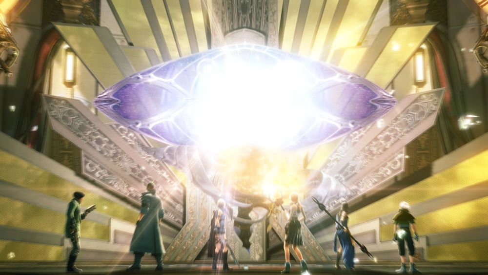 Screenshot from the ending of Final Fantasy XIII. Final boss Orphan explodes in a flash of bright light in a large ornate room of metallic gold as the six main party characters stand and watch.