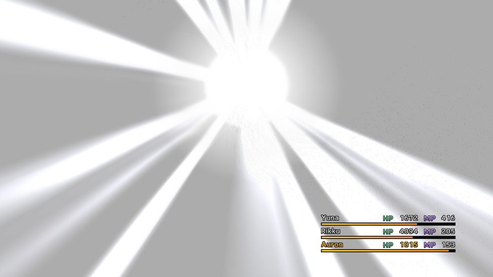 Screenshot from the final battle of Final Fantasy X. The end boss, Yu Yevon, has received the killing blow and is exploding into pillars of bright light.