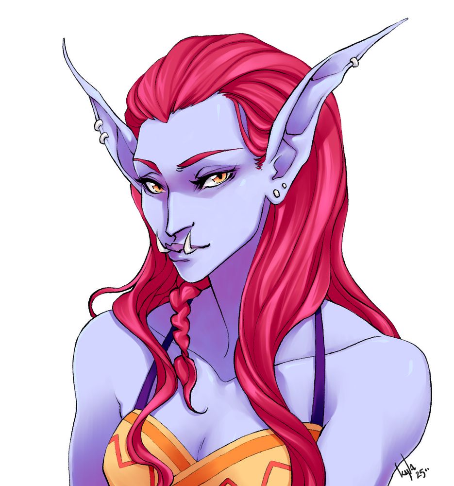 A female troll from World of Warcraft with purple skin and long, red hair. 