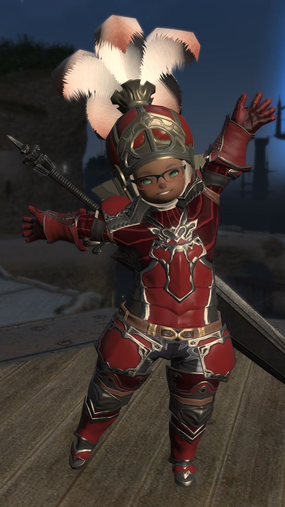 My lalafell wol dressed in a glam inspired by the red Onion knight from FFIII. With 7.4, I will dress my viper like this and you can't stop me