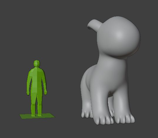 A screenclip of Blender. A human sized person stands next to a large cuddly looking dragon.