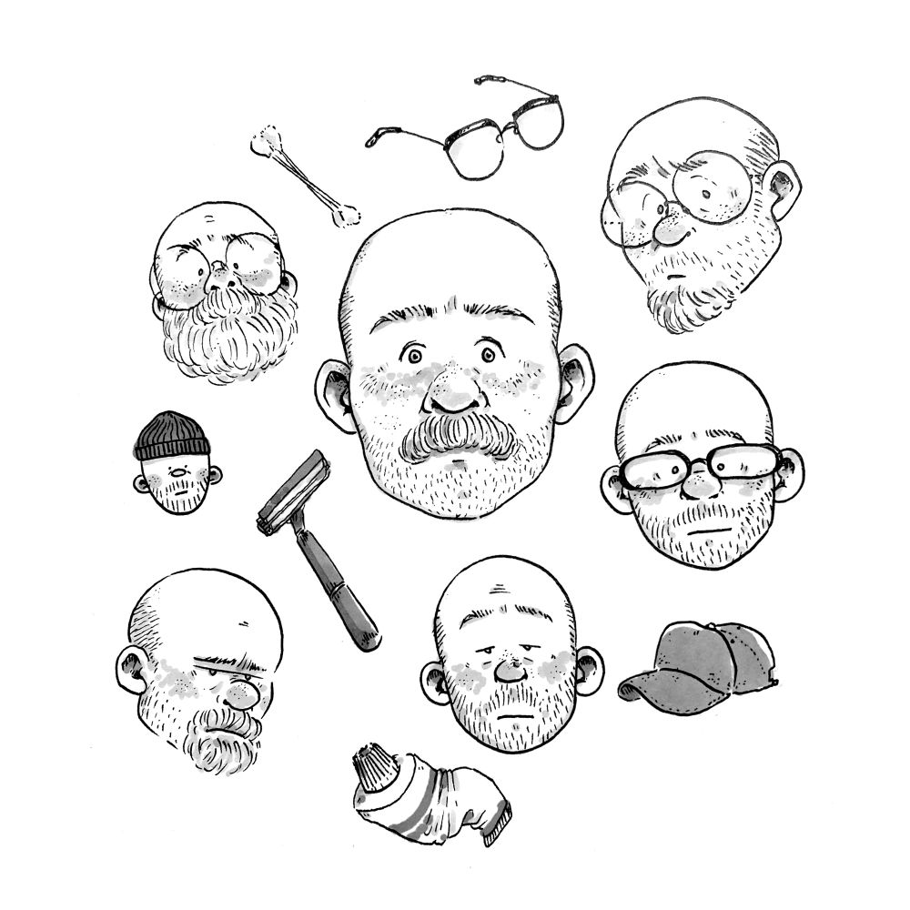 many heads of dad 3 in various expressions and states of shaving