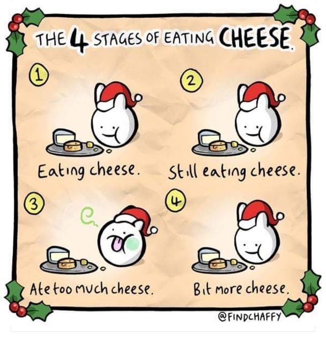 Comic mit Titel "The 4 Stages of eating cheese", darunter 4 Bilder: 
1. Ein rundes Comic Häschen mit Weihnachtsmannmütze vor einer Käseplatte mit Text "Eating Cheese"
2. Das gleiche Bild mit Text "Still eating cheese"
3. Das Häschen zurück gelehnt, die Zunge hängt heraus, grünlich im Gesicht und mit einer grünen Rülps-Fahne mit Text "Ate too much cheese"
4. Das erste Bild mit Text "Bit more cheese."
