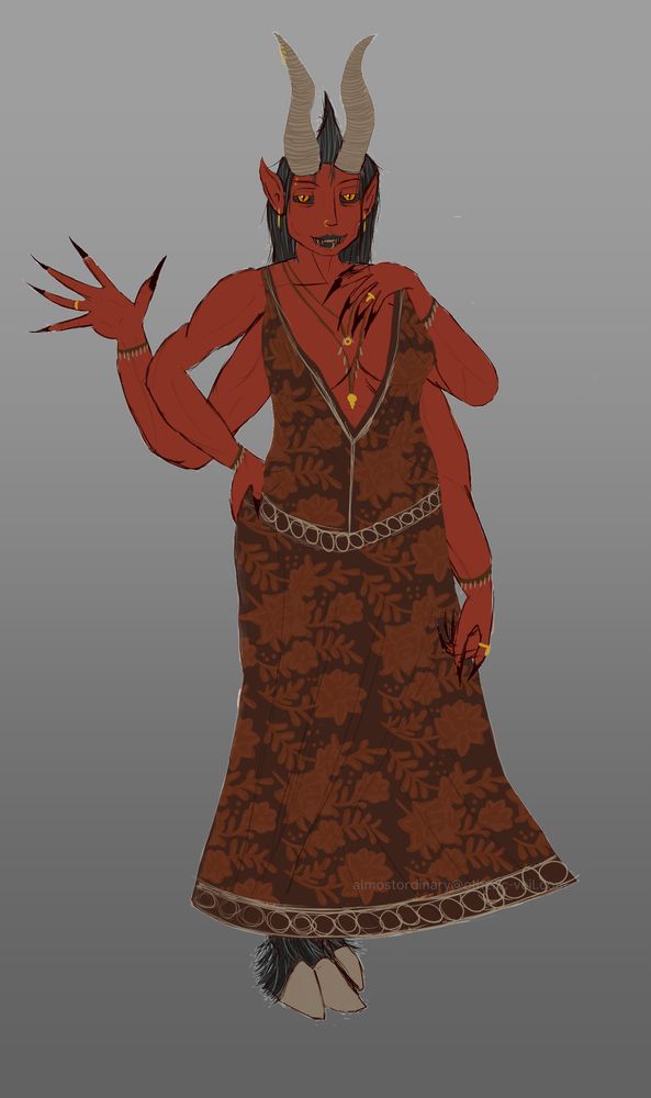 A digital art image of a four armed red-skinned demonic looking woman with tall goat-like horns and cloven hooves. She is wearing various pieces of gold jewelry like necklaces, rings, earrings, and piercings. She is wearing a dark brown dress with a paler brown floral pattern. She's waving at the viewer with one of her hands.