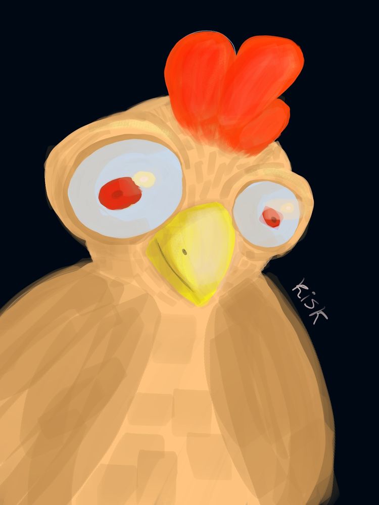 Galinha vesga com olho vermelho penagem marrom crista vermelha olhos esbugalhados e bico amarelo