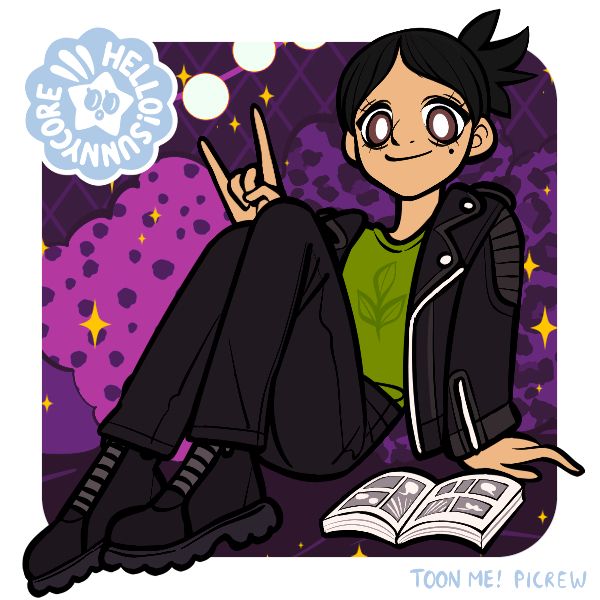 A picrew illustration created by hello!sunnycore, showing a person sitting in an abstract purple background with stars. They have medium brown skin and dark hair tied in a topknot, and are making the devil-horns metal hand sign. They are wearing mostly black clothes and a t-shirt with leaves on it, and reading a comic book.