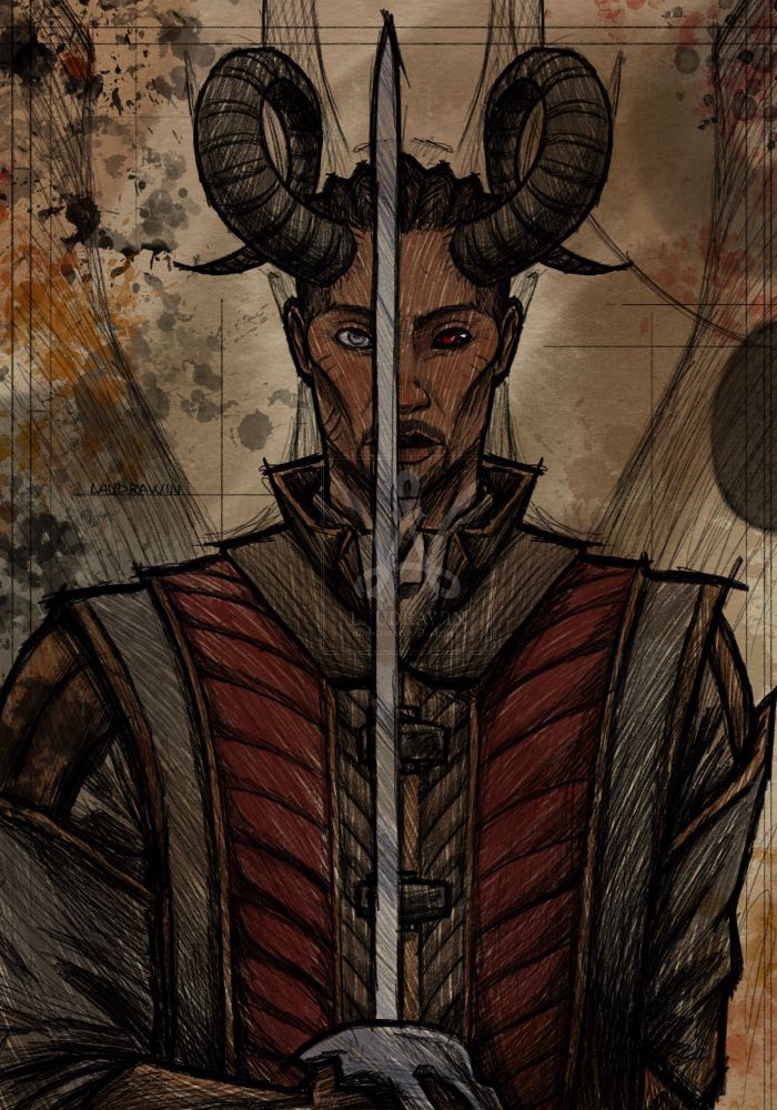 Demon-looking Wyll holds his sword in front of his face. He has a stone eye and a red eye with black sclera. Twisted horns come out of his forehead and he has prominent cheekbones.