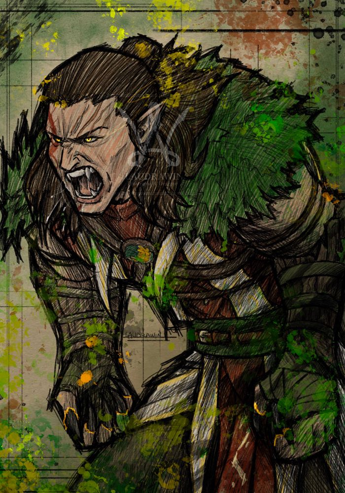 Artwork of Halsin from Baldur’s Gate 3. He’s angry and roaring, his eyes are shining because he’s about to transform into his cave bear shape. You can see the hint in his claws, which are already growing
