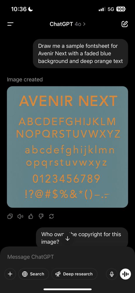User: Draw me a sample fontsheet for Avenir Next with a faded blue background and deep orange text

ChatGPT 4o: [creates image of a fontsheet in Avenir Next font]