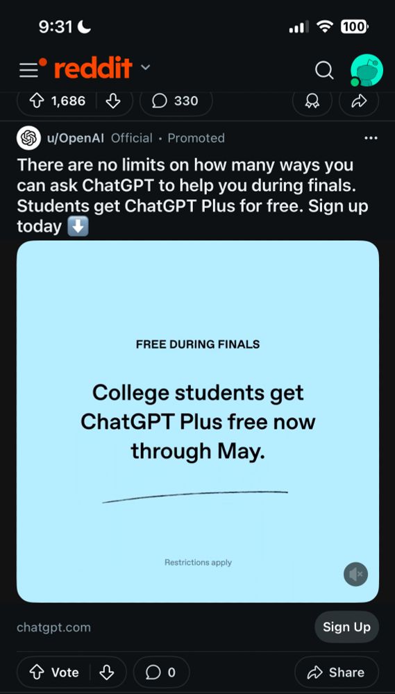 A promoted Reddit post by OpenAI advertising free ChatGPT Plus access for college students during finals. The post reads: “There are no limits on how many ways you can ask ChatGPT to help you during finals. Students get ChatGPT Plus for free. Sign up today.” Below, on a light blue background, larger text says: “FREE DURING FINALS. College students get ChatGPT Plus free now through May.”