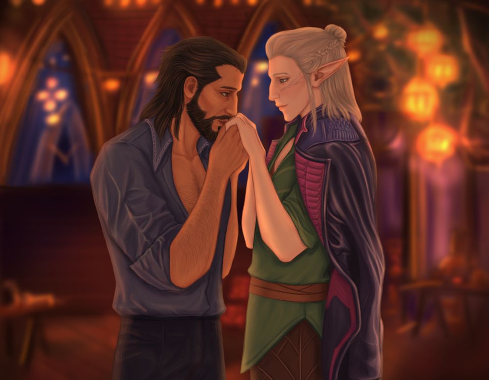 digital painting of Lucanis and my Rook Firion. Lucanis is kissing Firion's hands and Firion has Lucanis' jacket over his shoulders. THEY'RE IN LOVE. In the background are the soft lights of the Treviso markets.