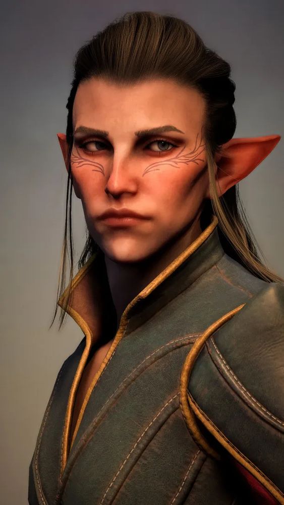 virtual photograph of the player character Rook from the video game Dragon Age The Veilguard. He's an elf with blond hair and grey eyes