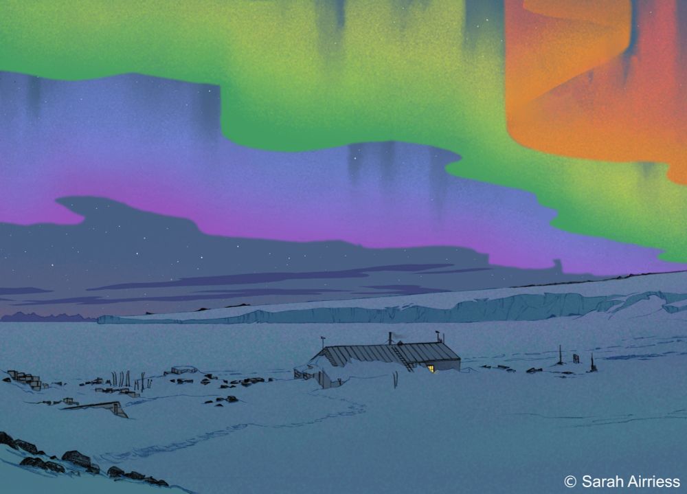 A multicoloured aurora (southern lights) light up the sky in this illustration by Sarah Airriess.