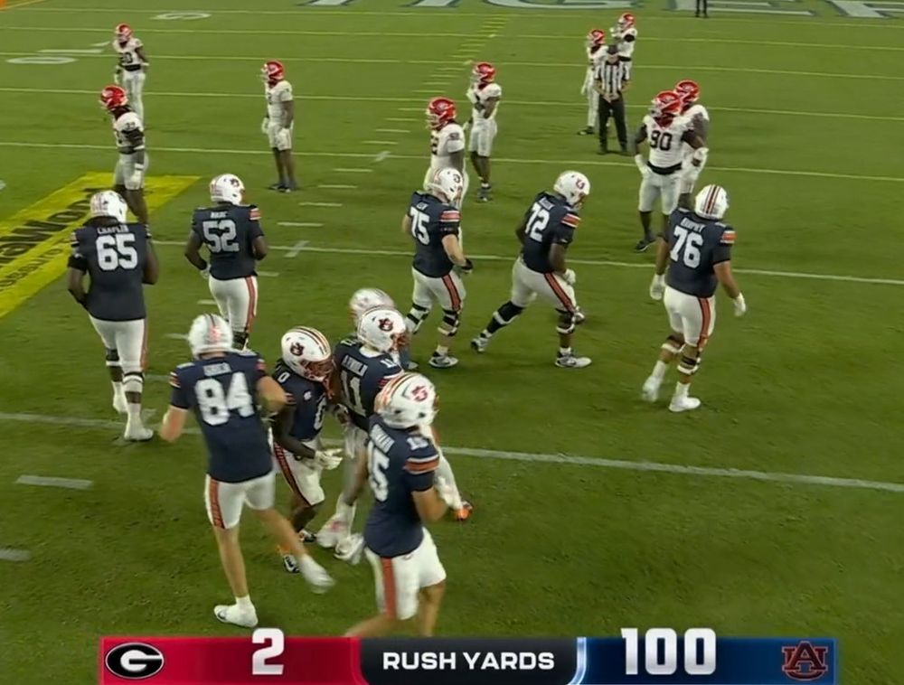 Statistic showing Auburn with 100 rushing yards and Georgia with 2 rushing yards at this point of the game