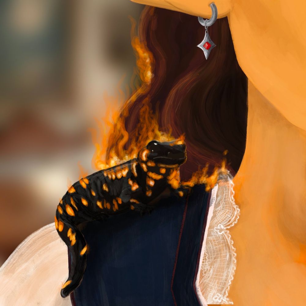 A painting of a fire salamander, black with firey spots, sitting on the shoulder of a golden-yellow skinned elven woman. There are little flames beginning to lick their way across the elf's lacey shirt and climbing up her wavy dark brown hair. 