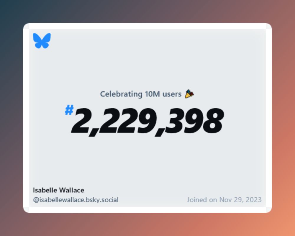 A virtual certificate with text "Celebrating 10M users on Bluesky, #2,229,398, Isabelle Wallace ‪@isabellewallace.bsky.social‬, joined on Nov 29, 2023"