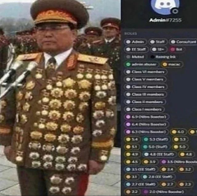 A Military officer in a decorated uniform covered with numerous medals, juxtaposed with a Discord server member with an unusual high number of roles