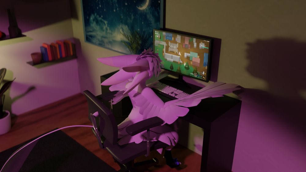 Digital Render of an Avali, sitting at their Desk, playing Super Animal Royale (Character belongs to Kerolink)