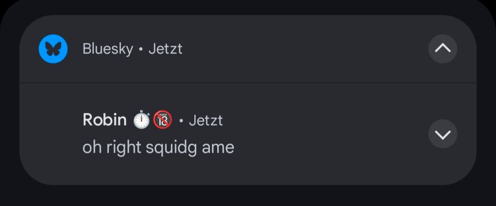 A notification on Android from Bluesky. It's a post notification from Robin, reading "oh right squidg ame"
