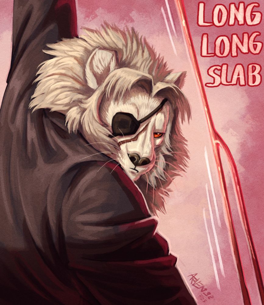 A white furred, red- eyed leonine Catfolk in a suit jacket, wearing an eye patch stretches out a long rope of chewy candy, the words "Long Long Slab" in the top right 