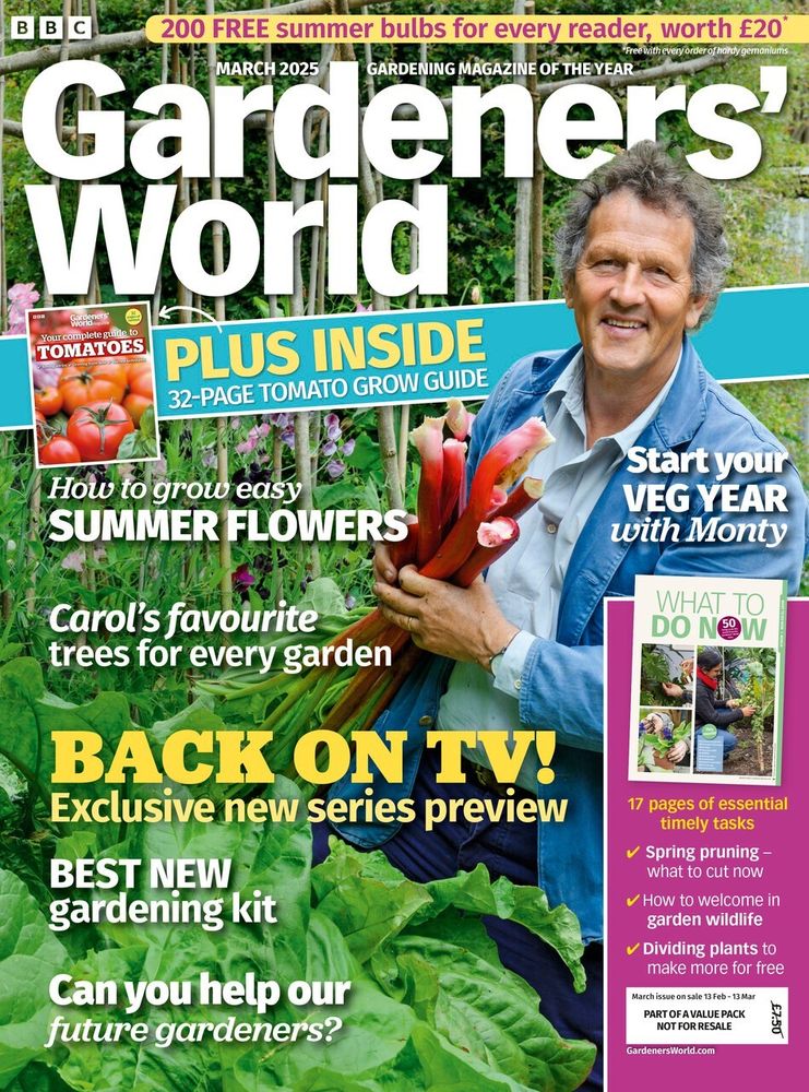 The cover of BBC Gardeners' World Magazine, featuring Monty Don holding rhubarb and smiling at the camera