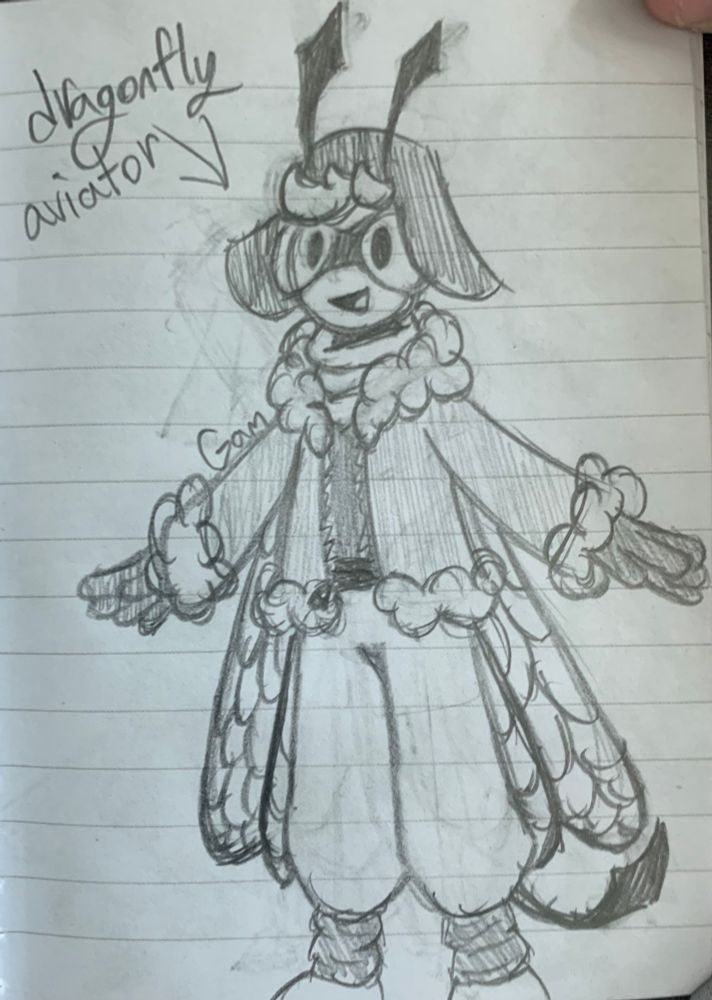 A sketch of a character in an aviator outfit with dragonfly wings, dragonfly inspired goggles, and star-shaped antennas and tail.