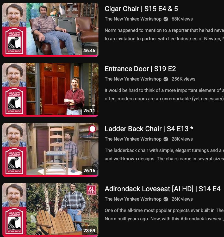 A screenshot of YouTube showing four played episodes of New Yankee Workshop starring Norm Abram. 