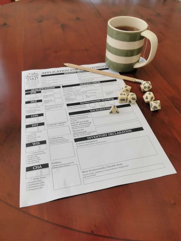 an image of a dungeons and dragons character sheet with some dice a pencil and a cup of tea.