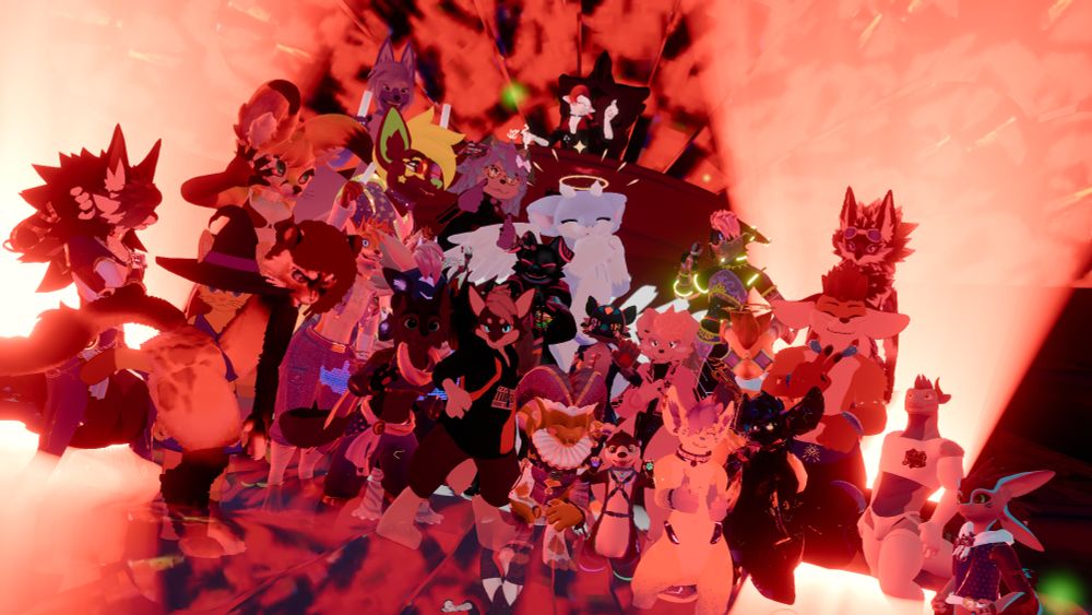 Group photo BUT WITH RED LASERS backlighting everyone.