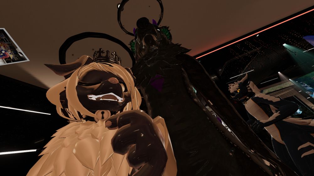Selfie from VRChat with Notkea Sketch and Seif Doggo. Notkea winking still again.