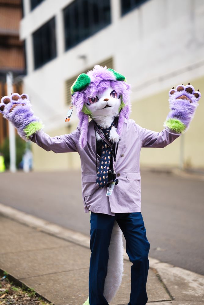 Treble waving their paw up in the air like the meme "Absolute Cinema". Photo taken by Jarrod Feng.