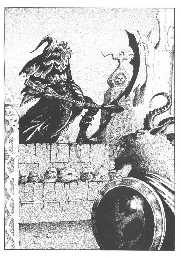 A hard as nails hooded wraith knight type guy with a huge scythed axe faces off against a classic horned Broo-style beastman. Illustrated by Tony Ackland I believe