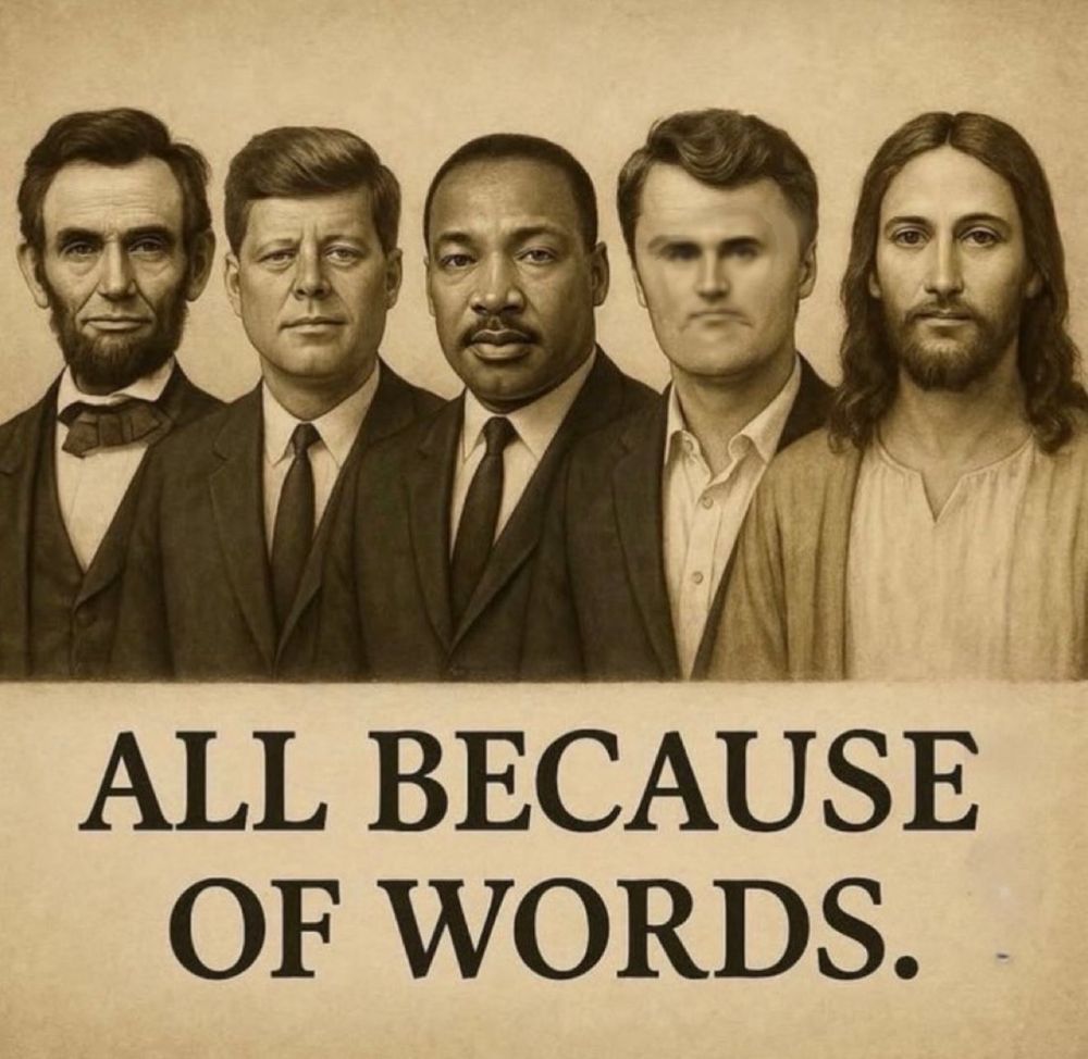 An illustration with the words "All Because of Words" at the bottom. There's a lineup of 5 figures.
Abe Lincoln
JFK
MLK
Charles A Kirkenstein
Jesus
