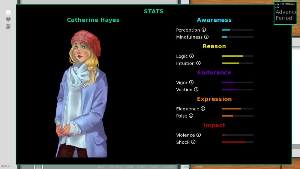 a stats screen depicting Catherine Hayes and her stats in game - perception, mindfulness, logic, intuition, vigor, volition, eloquence, poise, violence, and shock