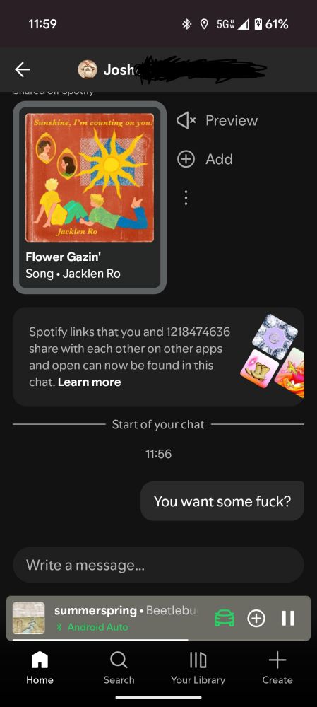 Grey messaging Josh on Spotify asking "you want some fuck?"