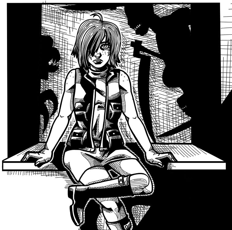 Black ink drawing of Heather Mason from Silent Hill 3 sitting on a reception counter in a dark room. Behind her are shadows forming monsterous shapes.