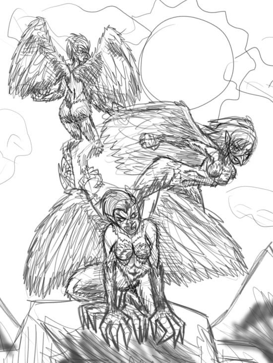 Three harpies leer at the viewer. One perched on the top of a mountain and the other two flying behind her.