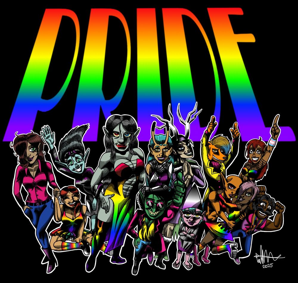 Thirteen characters dressed in the colors of various pride flags greet the viewer with smiles.